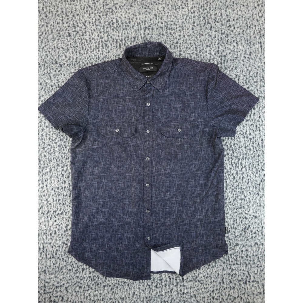 Kenneth Cole Mens M Slim Fit Short Sleeve Button Down Shirt Navy Crosshatch